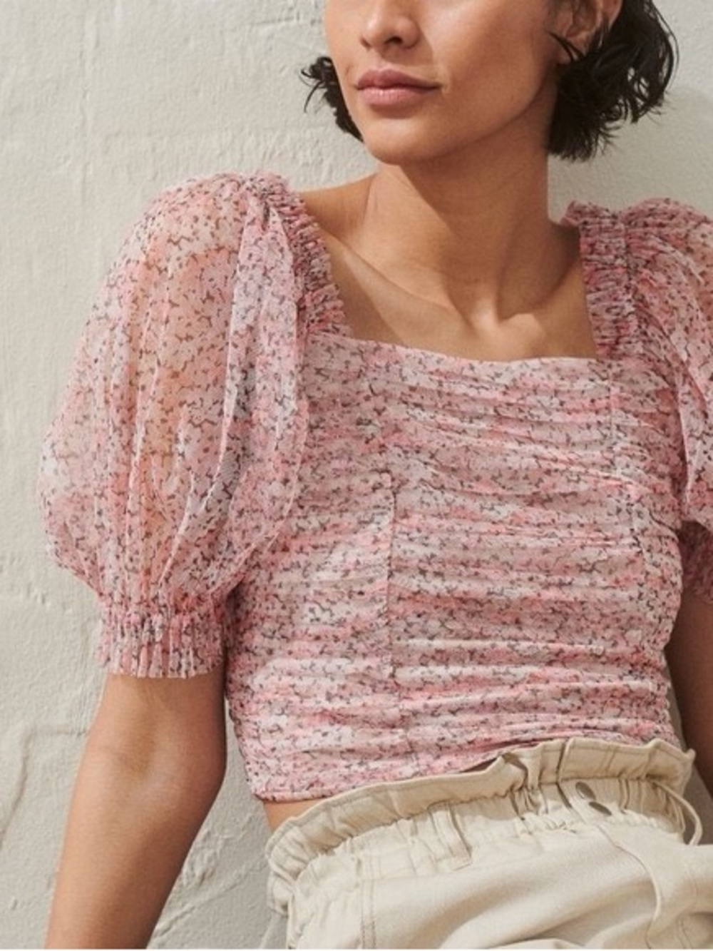 H&M Pink Floral Mesh Puffed Sleeves Crop Top Boho Indie Cottagecore M
